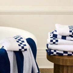 Bath Towel with Indigo Check Border